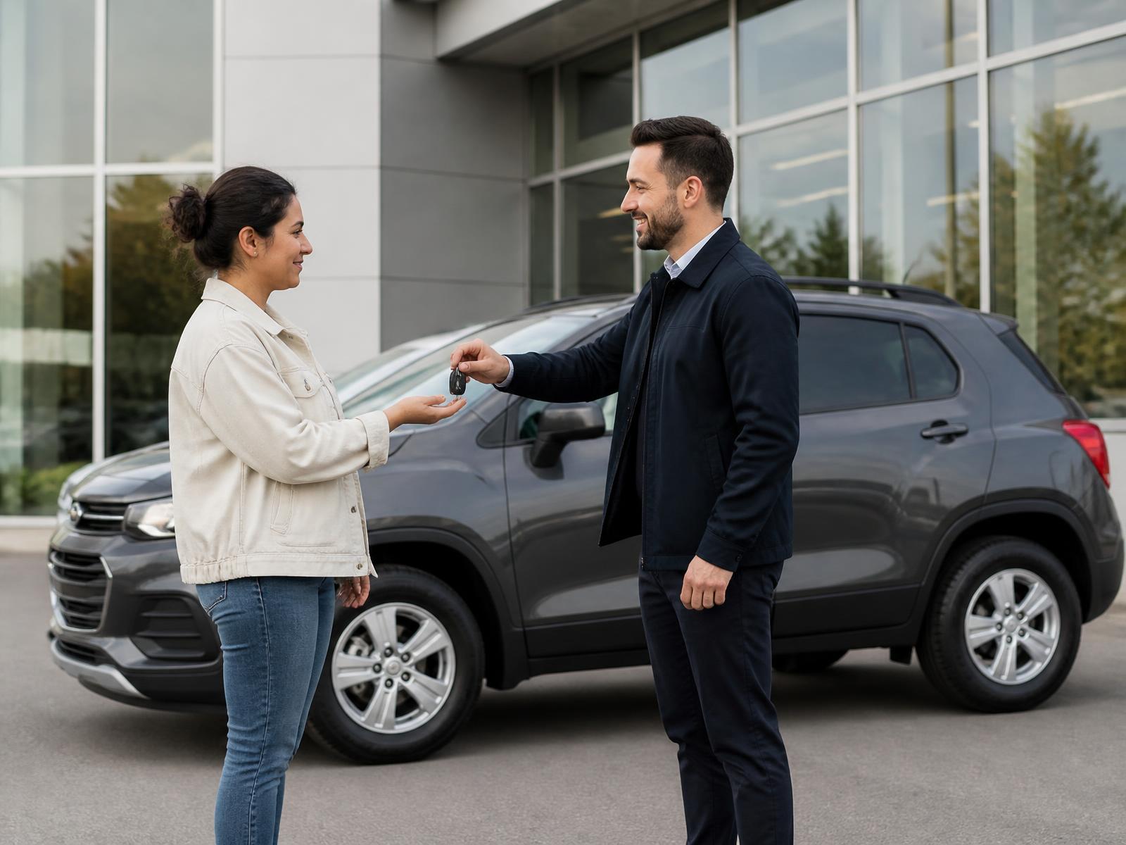 Cliente recevant les clés d’un véhicule pratique
